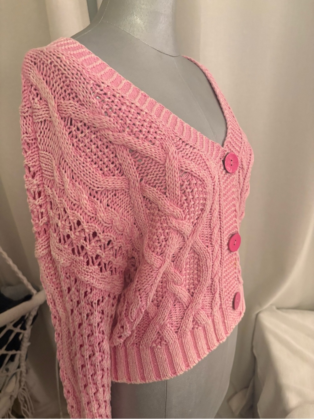 Pilcro Anthropologie Pink Cable Knit Cropped Cardigan Cotton Coquette  Y2K Sz XS - Picture 7 of 12